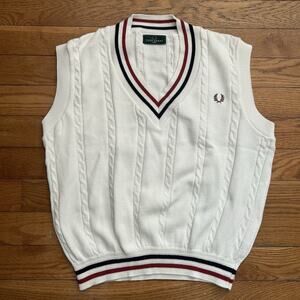 Vintage Fred Perry Sweater Vest Cable Knit Deep V Preppy Tennis Large